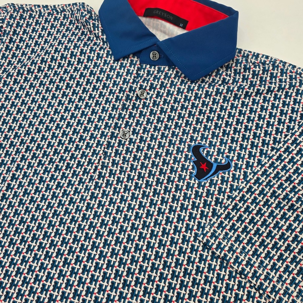 GREYSON X HOUSTON TEXANS GOLF POLO MENS MEDIUM BLUE NFL ALL OVER PRINT LOGO NWOT